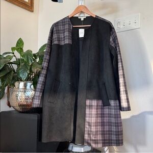 Cato Faux Suede Plaid Check Long Jacket Sz XL Black Gray Open Front Crewneck New